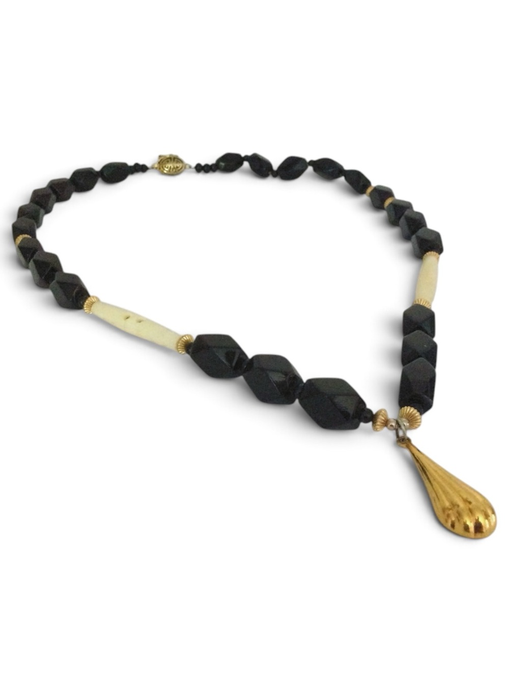 Vintage Carved Bone & Black Beaded Necklace with KJL Pendant - Picture 8 of 13